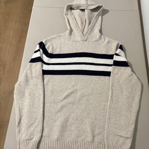 Striped Knit Hoodie Sweater, Casual Pullover, Cream and Navy Blue, Relaxed Fit
